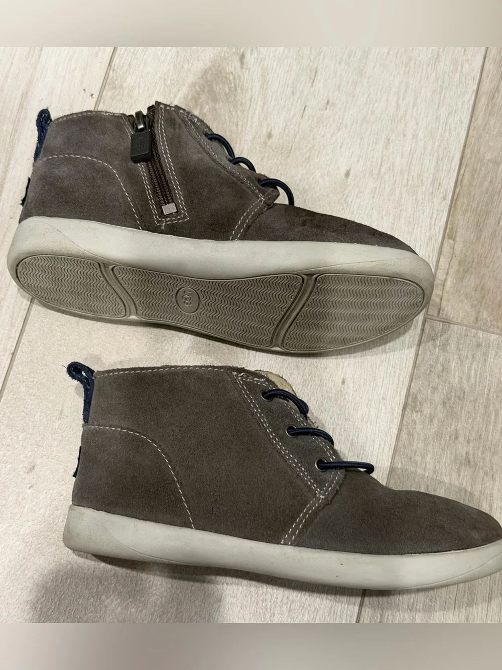 UGG Gray Suede Kids Ankle Boots with Navy Laces size 12 toddler